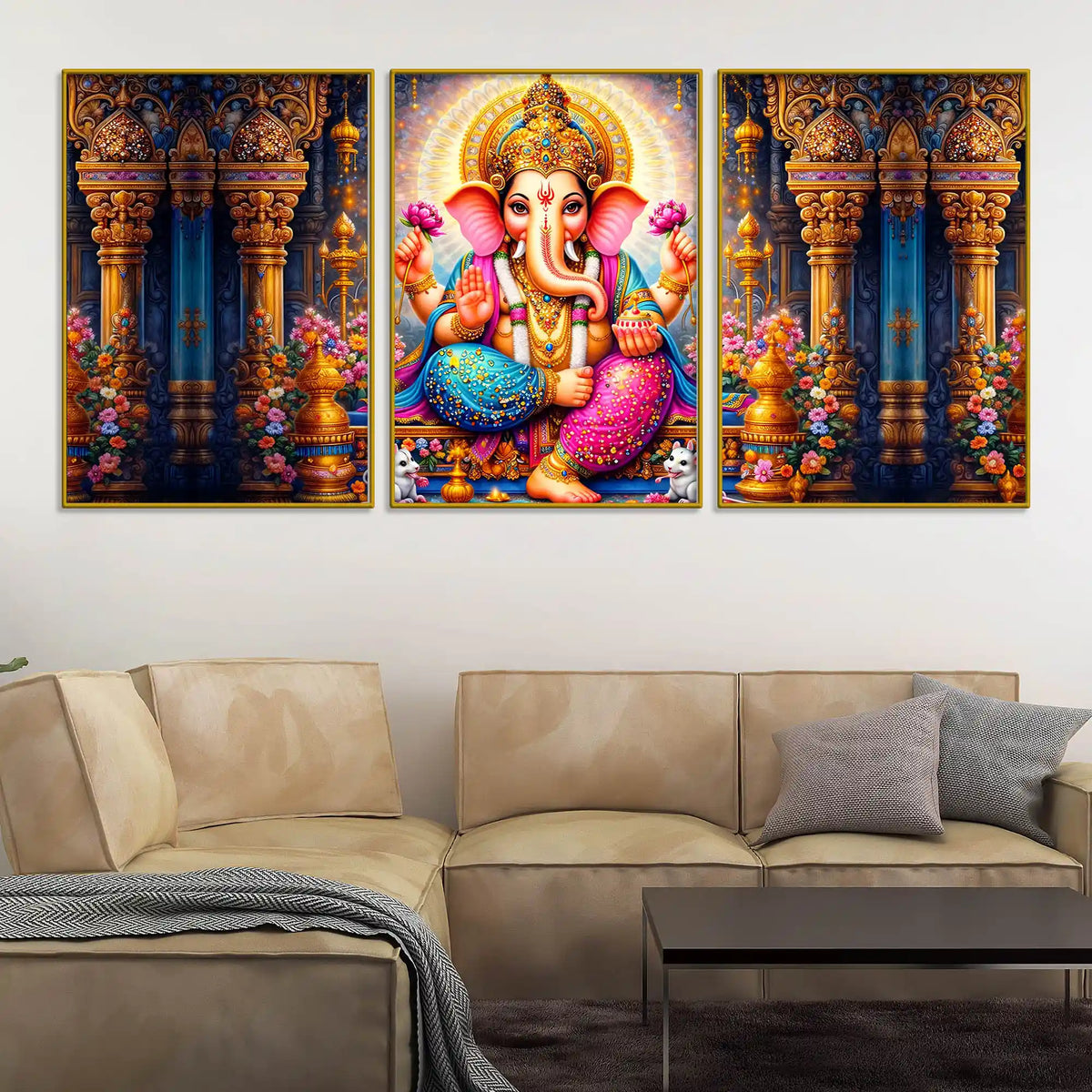 Divine Lord Ganesha with Lotus and Sacred Temple Floating Frame Crystal Wall Painting Set of 3