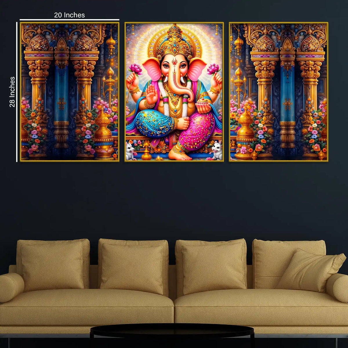 Divine Lord Ganesha with Lotus and Sacred Temple Floating Frame Crystal Wall Painting Set of 3