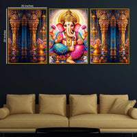 Divine Lord Ganesha with Lotus and Sacred Temple Floating Frame Crystal Wall Painting Set of 3