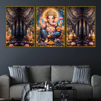 Divine Lord Ganpati Bappa with Mushak and Modak Floating Frame Crystal Wall Painting Set of 3