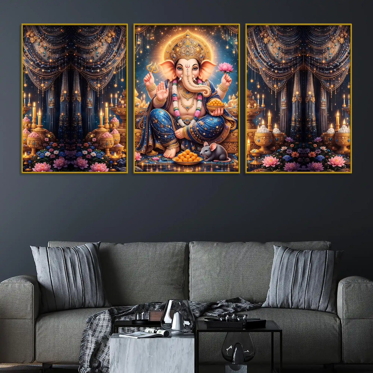 Divine Lord Ganpati Bappa with Mushak and Modak Floating Frame Crystal Wall Painting Set of 3
