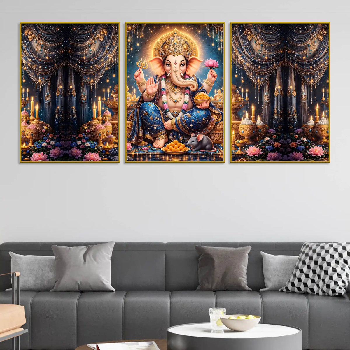 Divine Lord Ganpati Bappa with Mushak and Modak Floating Frame Crystal Wall Painting Set of 3