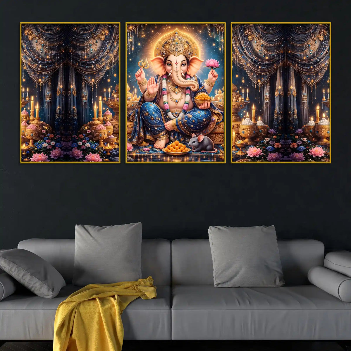 Divine Lord Ganpati Bappa with Mushak and Modak Floating Frame Crystal Wall Painting Set of 3