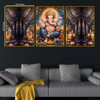 Divine Lord Ganpati Bappa with Mushak and Modak Floating Frame Crystal Wall Painting Set of 3