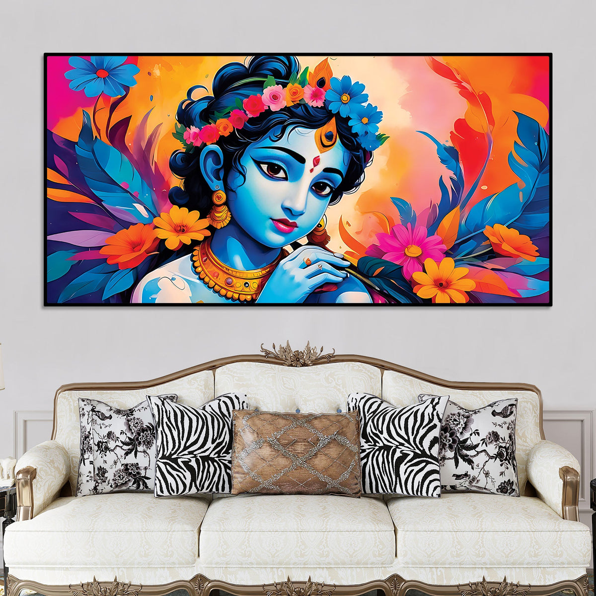 Divine Lord Krishna Floral Canvas Wall Painting for Home Decor