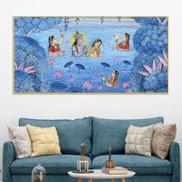 Divine Lord Krishna & Shree Radha in Lotus Lake with Gopikas Pichwai Canvas Wall Painting
