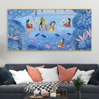 Divine Lord Krishna & Shree Radha in Lotus Lake with Gopikas Pichwai Canvas Wall Painting