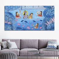Divine Lord Krishna & Shree Radha in Lotus Lake with Gopikas Pichwai Canvas Wall Painting