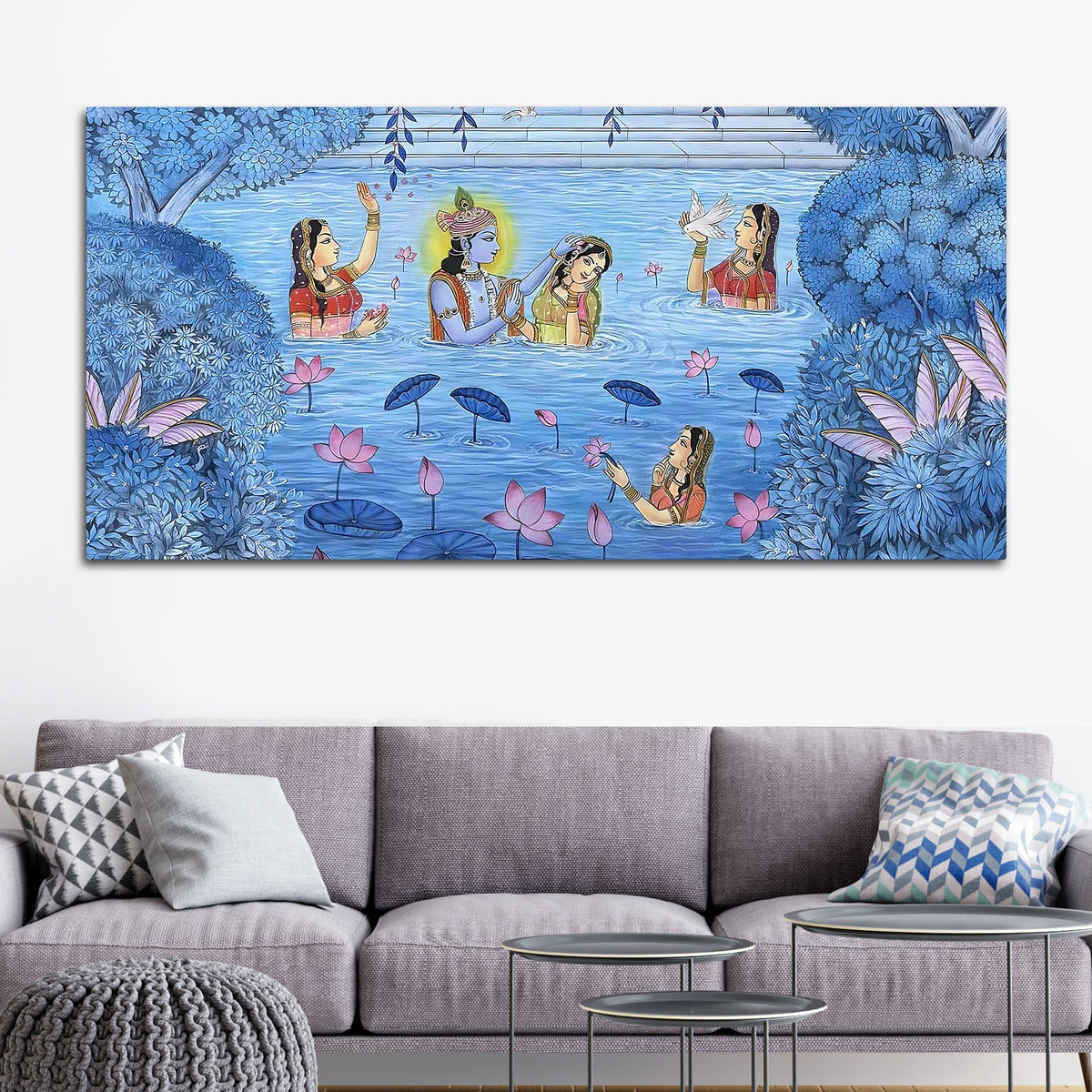 Divine Lord Krishna & Shree Radha in Lotus Lake with Gopikas Pichwai Canvas Wall Painting
