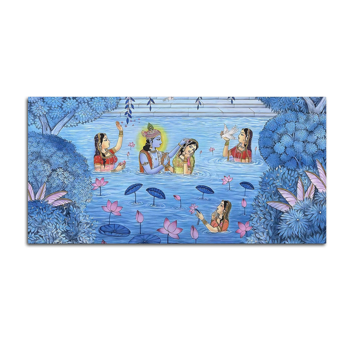 Divine Lord Krishna & Shree Radha in Lotus Lake with Gopikas Pichwai Canvas Wall Painting