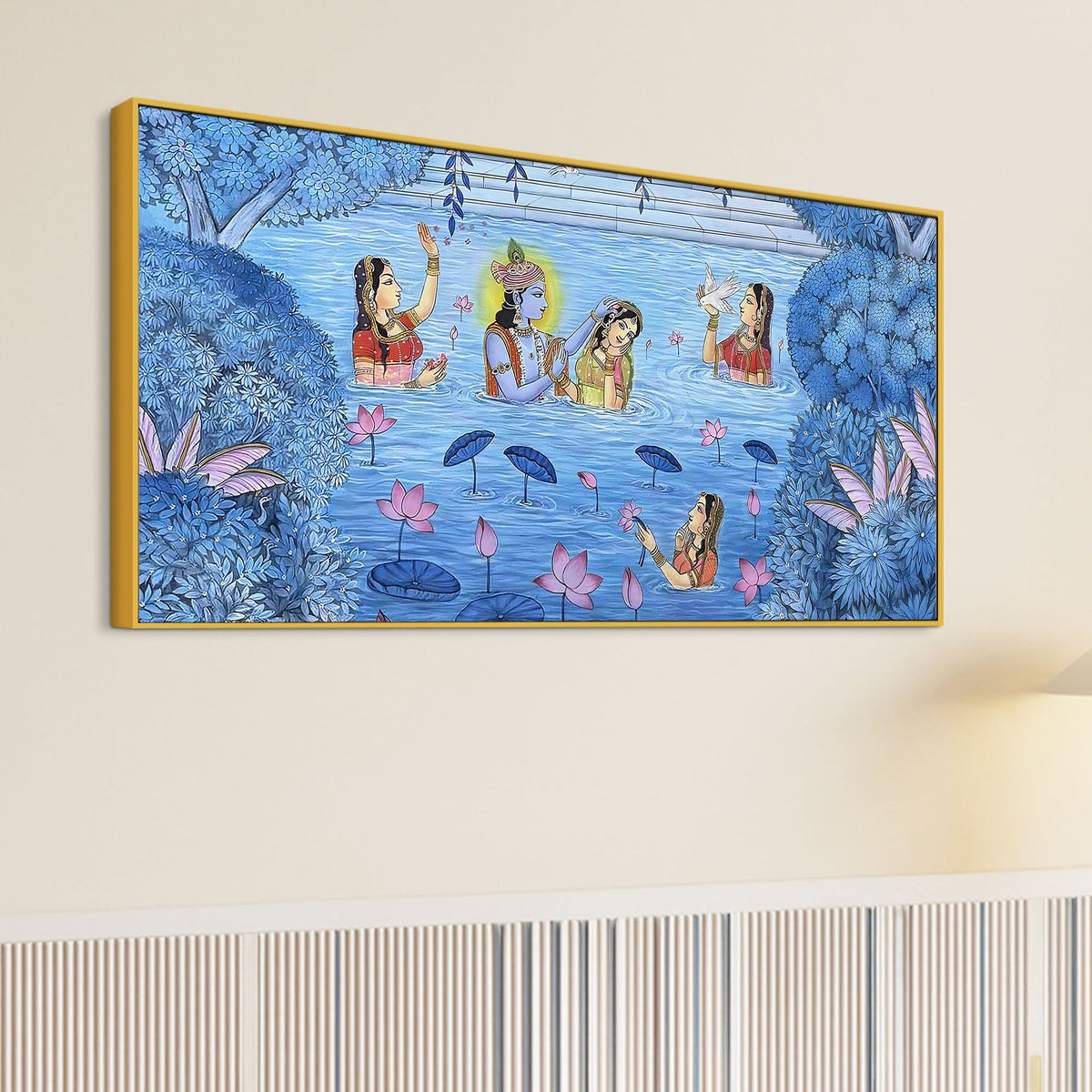 Divine Lord Krishna & Shree Radha in Lotus Lake with Gopikas Pichwai Canvas Wall Painting