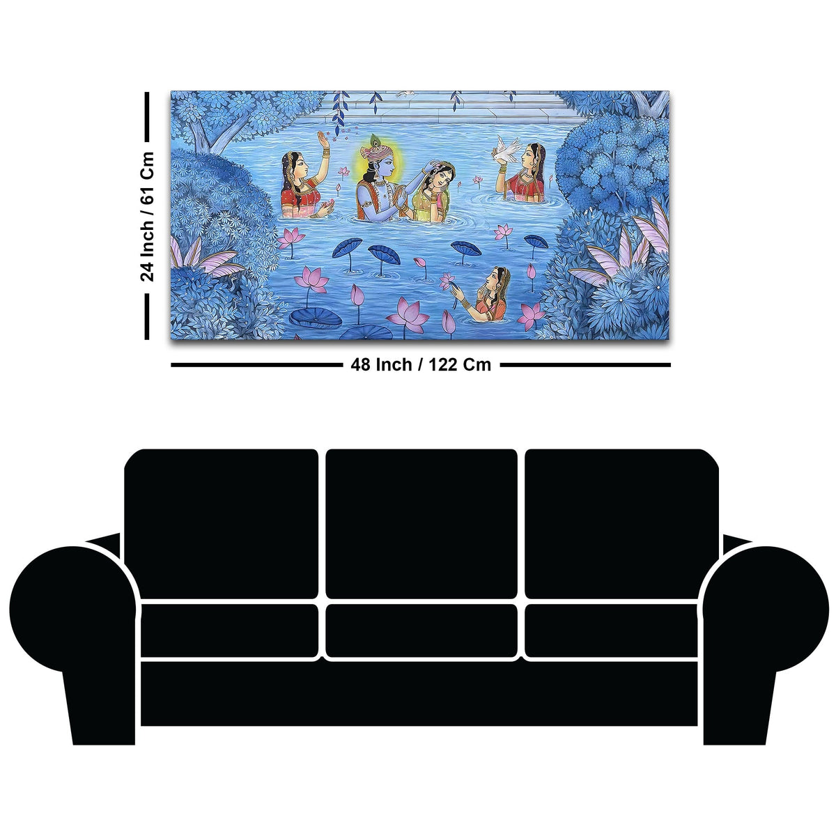 Divine Lord Krishna & Shree Radha in Lotus Lake with Gopikas Pichwai Canvas Wall Painting