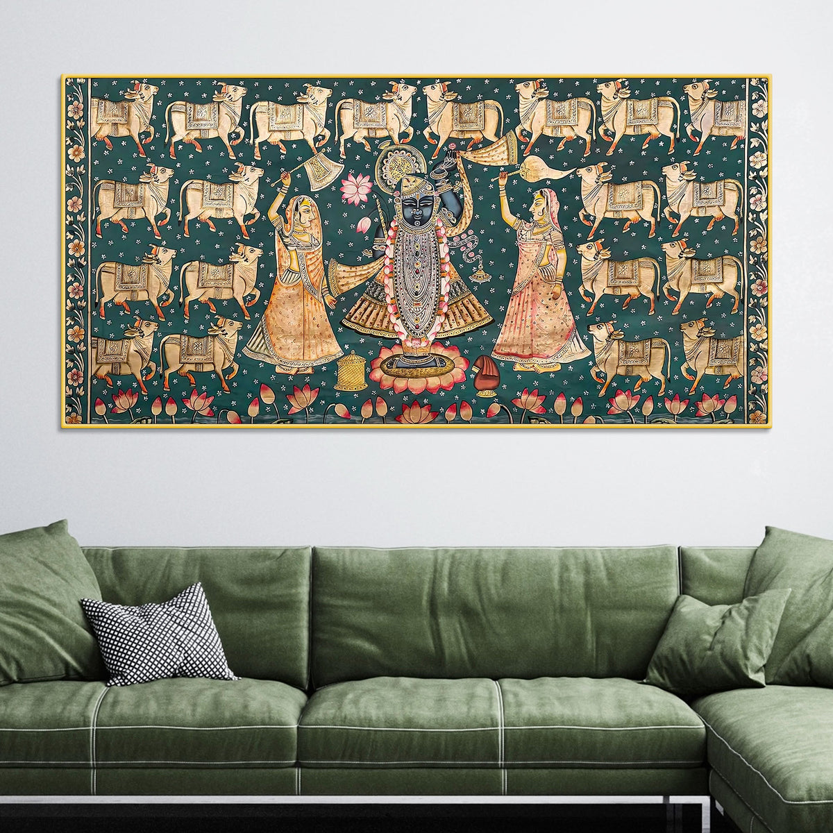 Divine Lord Shreenathji with Gau Mata Pichwai Canvas Wall Painting