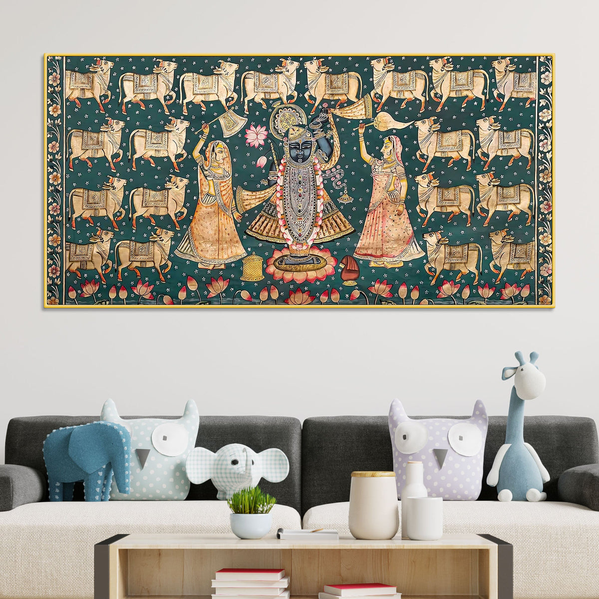 Divine Lord Shreenathji with Gau Mata Pichwai Canvas Wall Painting