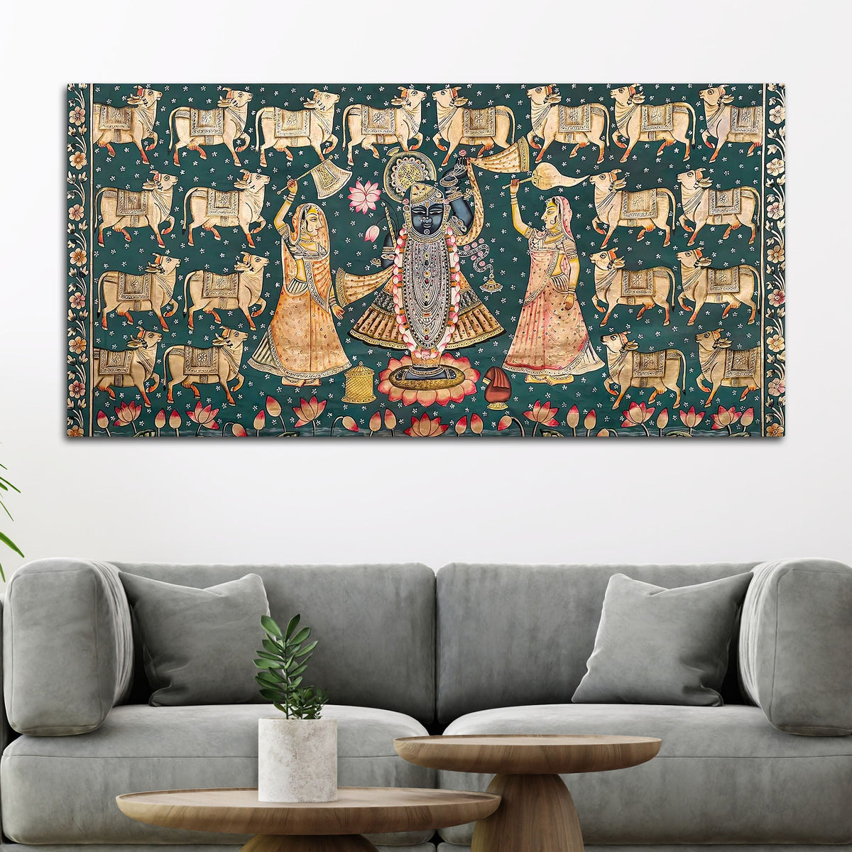 Divine Lord Shreenathji with Gau Mata Pichwai Canvas Wall Painting