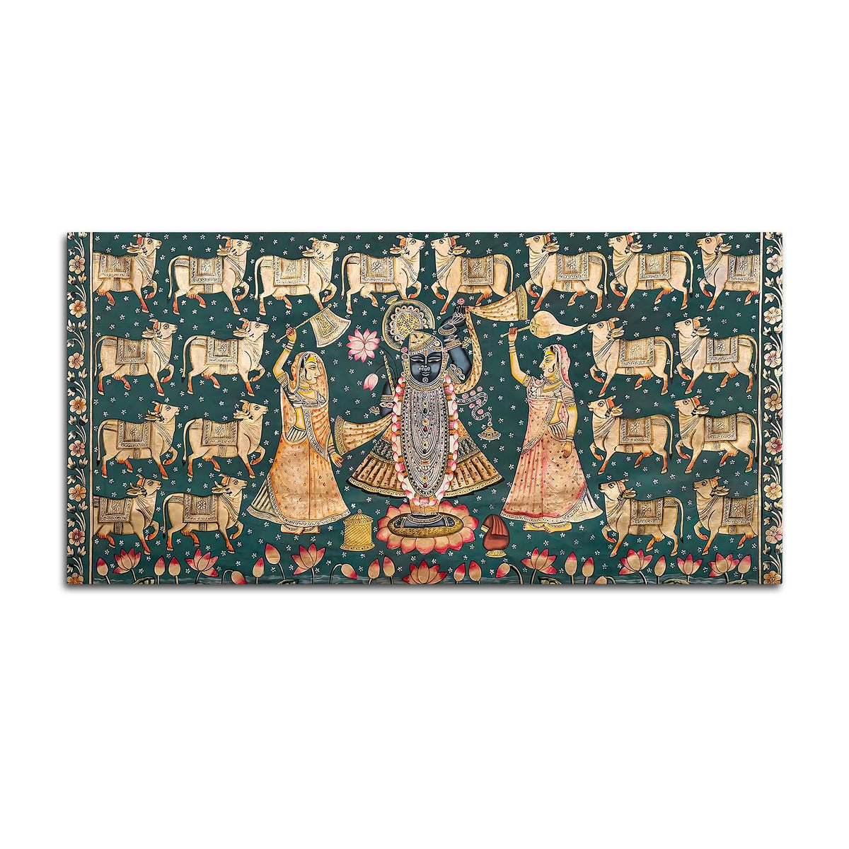 Divine Lord Shreenathji with Gau Mata Pichwai Canvas Wall Painting