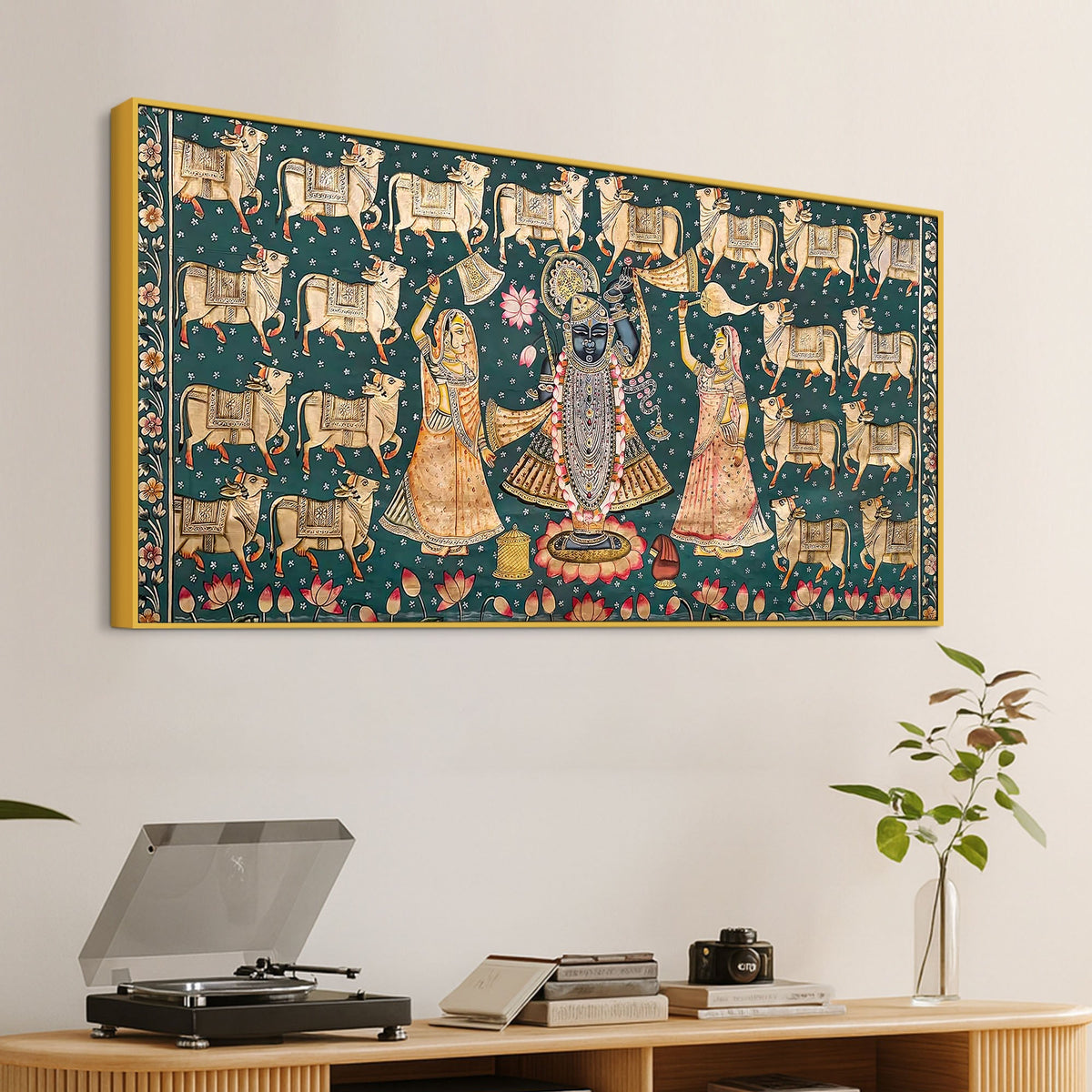 Divine Lord Shreenathji with Gau Mata Pichwai Canvas Wall Painting