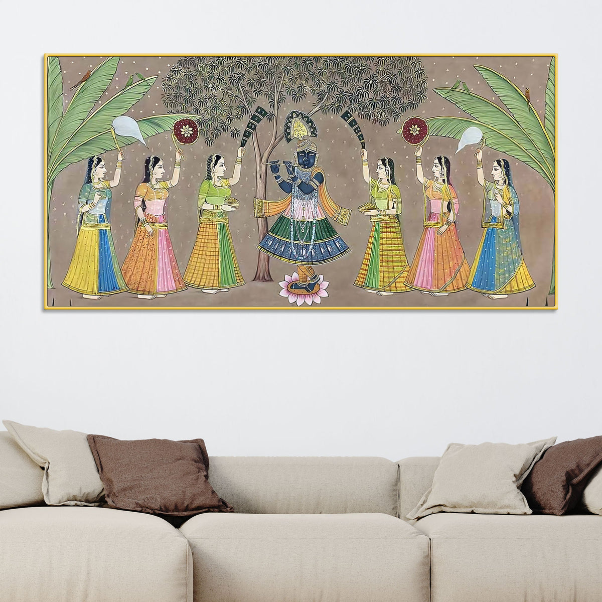 Divine Lord Shreenathji with Gopis Traditional Pichwai Canvas Wall Painting