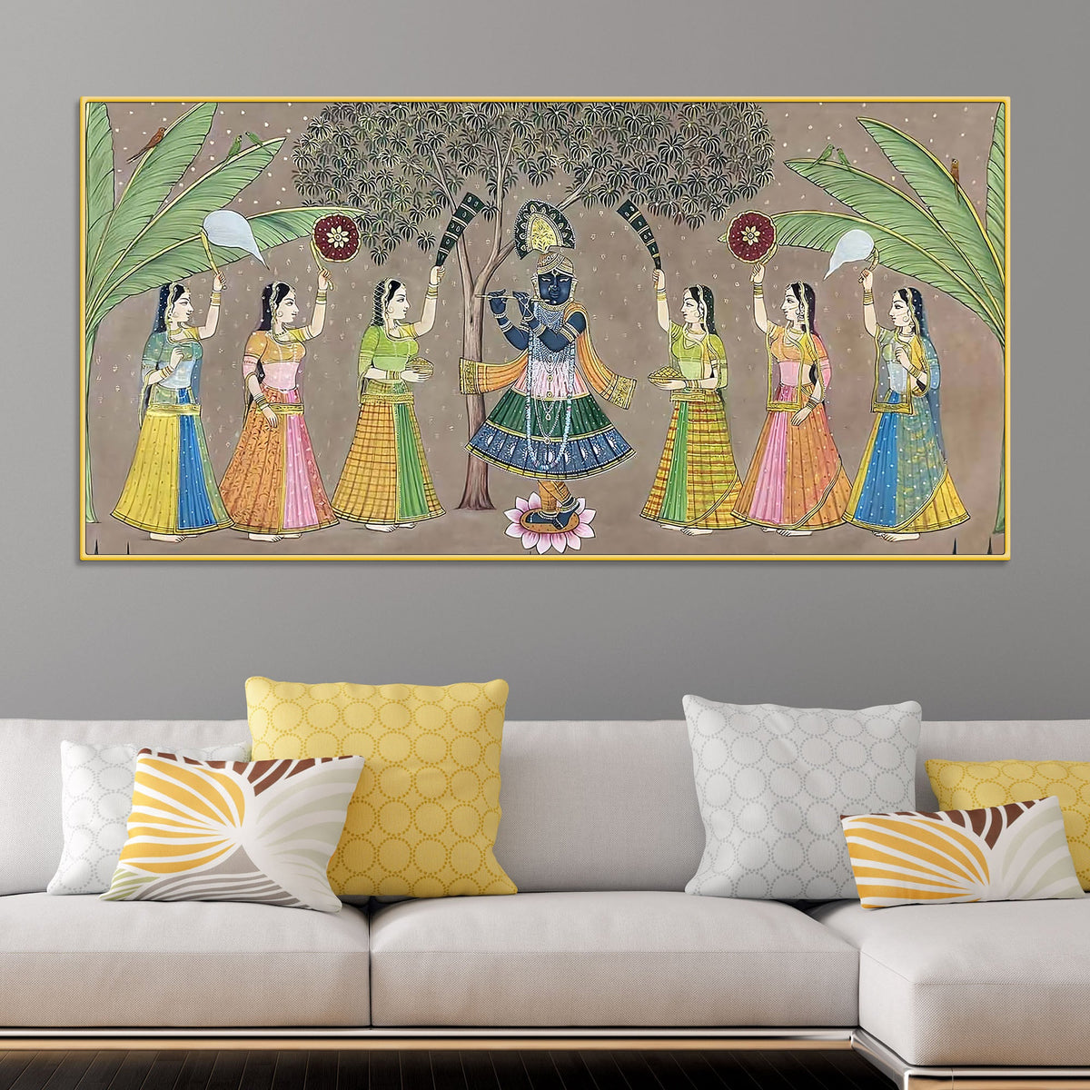 Divine Lord Shreenathji with Gopis Traditional Pichwai Canvas Wall Painting