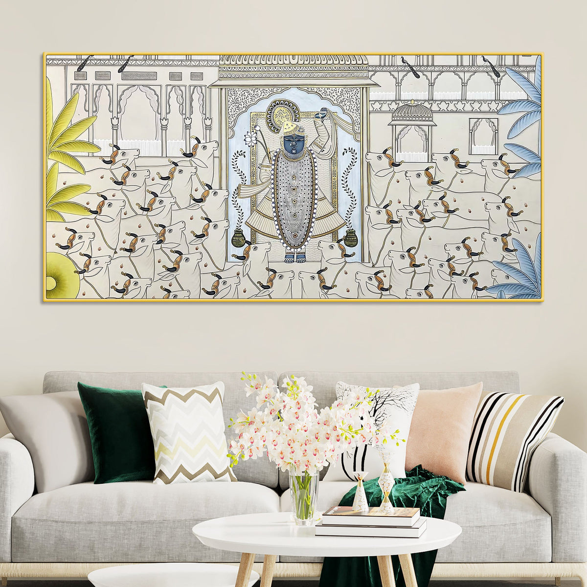Divine Lord Shreenathji with Sacred Cows Pichwai Style Canvas Wall Painting for Home & Temple