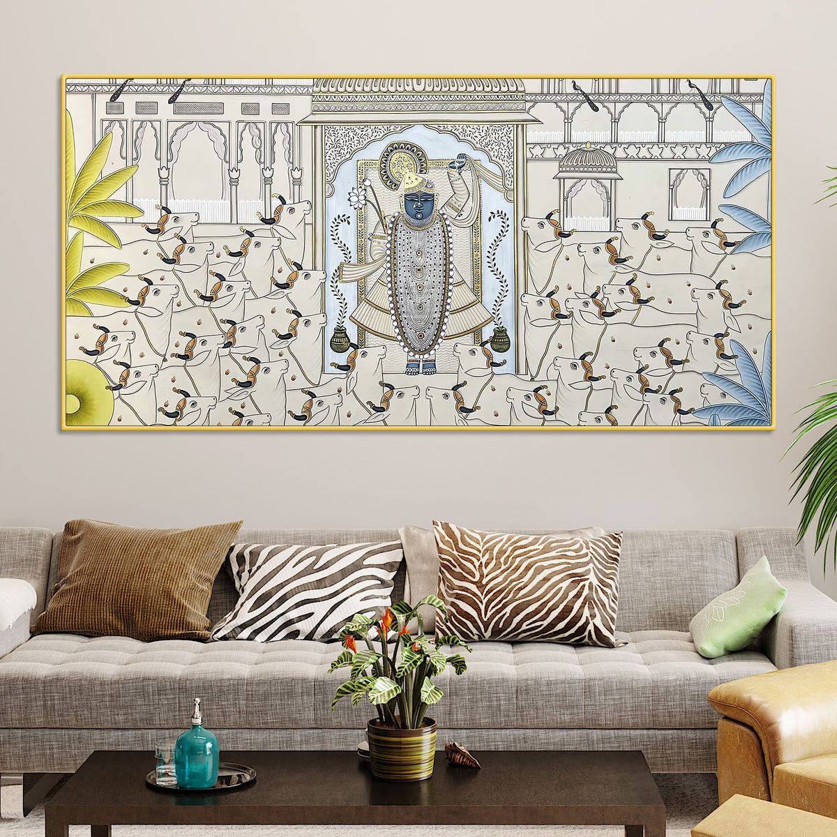 Divine Lord Shreenathji with Sacred Cows Pichwai Style Canvas Wall Painting for Home & Temple