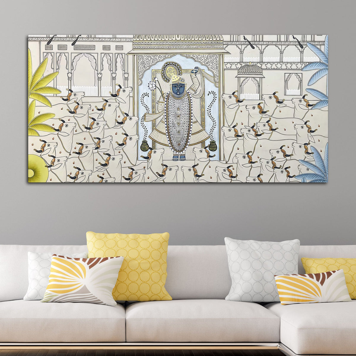 Divine Lord Shreenathji with Sacred Cows Pichwai Style Canvas Wall Painting for Home & Temple