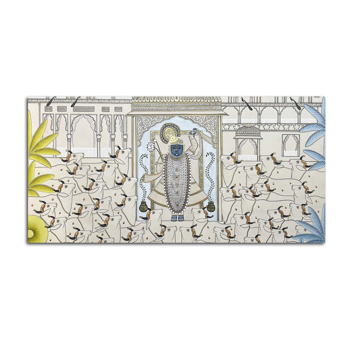 Divine Lord Shreenathji with Sacred Cows Pichwai Style Canvas Wall Painting for Home & Temple