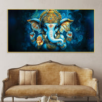 Divine Lord Shri Ganesh Blue & Gold Elegant Canvas Wall Painting for Home & Office – Contemporary Spiritual Wall Art
