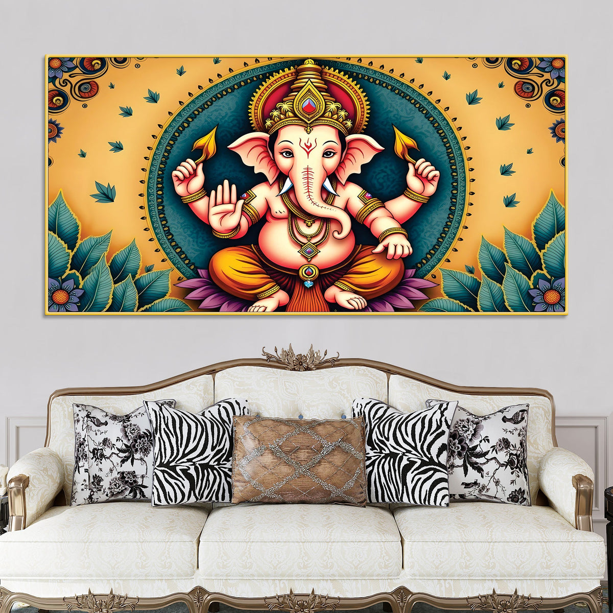 Divine Lord Shri Ganesh Giving Blessing Classic Canvas Wall Painting for Home & Office Decor – Modern Devotional Wall Art