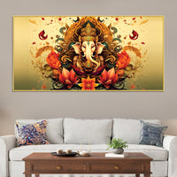 Divine Lord Shri Ganesha in Spiritual Lotus Flowers Artistic Canvas Wall Painting for Home & Office Decor – Modern Devotional Wall Art