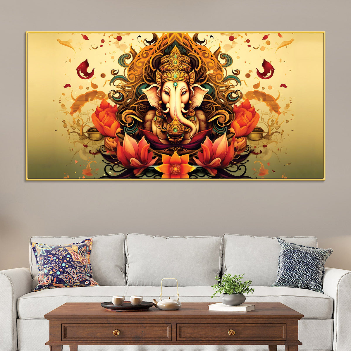 Divine Lord Shri Ganesha in Spiritual Lotus Flowers Artistic Canvas Wall Painting for Home & Office Decor – Modern Devotional Wall Art