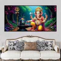 Divine Lord Shri Ganeshji Worshiping Lord Mahadev Shiva Lingam Luxury Canvas Wall Painting for Home & Temple Wall Decor – Modern Religious Wall Art