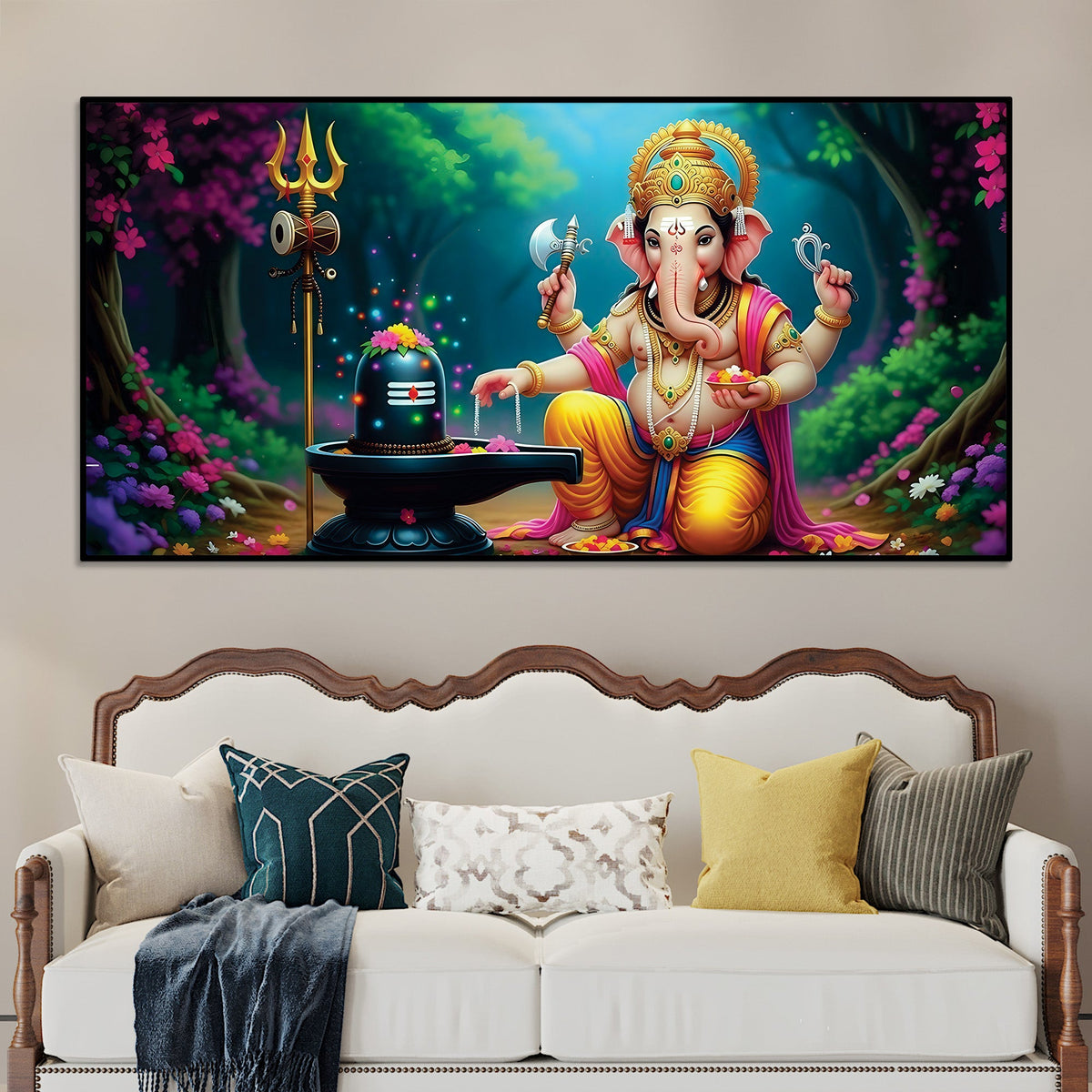 Divine Lord Shri Ganeshji Worshiping Lord Mahadev Shiva Lingam Luxury Canvas Wall Painting for Home & Temple Wall Decor – Modern Religious Wall Art