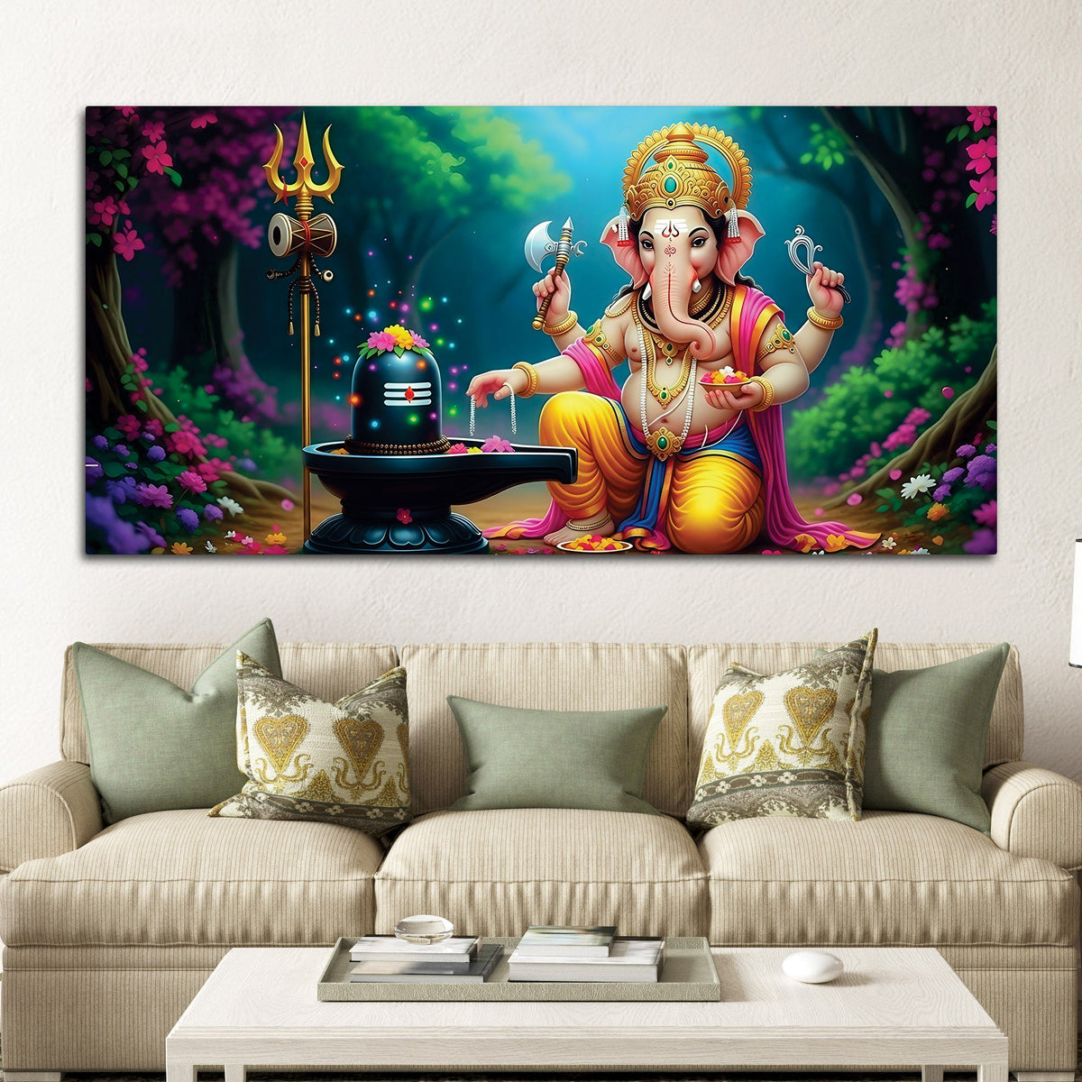 Divine Lord Shri Ganeshji Worshiping Lord Mahadev Shiva Lingam Luxury Canvas Wall Painting for Home & Temple Wall Decor – Modern Religious Wall Art