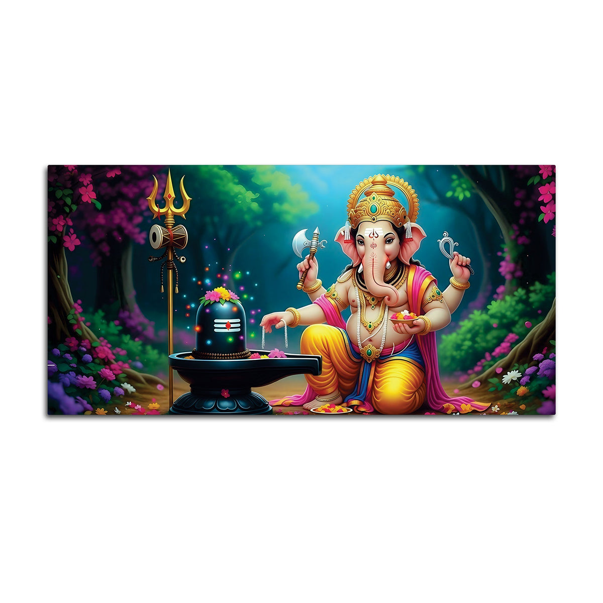 Divine Lord Shri Ganeshji Worshiping Lord Mahadev Shiva Lingam Luxury Canvas Wall Painting for Home & Temple Wall Decor – Modern Religious Wall Art