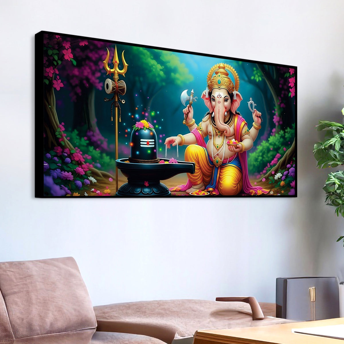 Divine Lord Shri Ganeshji Worshiping Lord Mahadev Shiva Lingam Luxury Canvas Wall Painting for Home & Temple Wall Decor – Modern Religious Wall Art