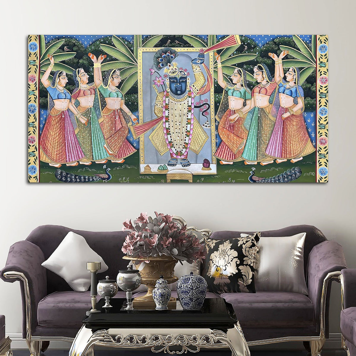 Divine Nathdwara Shreenathji with Gopis Pichwai Canvas Wall Painting