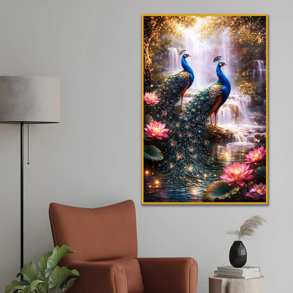 Divine Peacock Pair Floating Frame Crystal Wall Painting