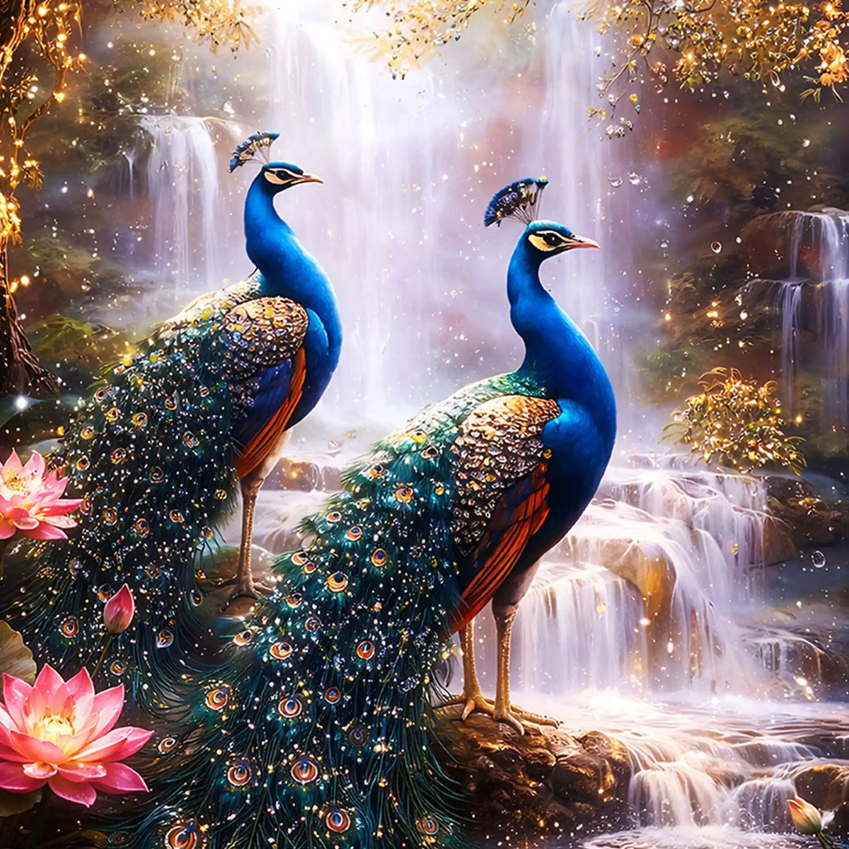 Divine Peacock Pair Floating Frame Crystal Wall Painting