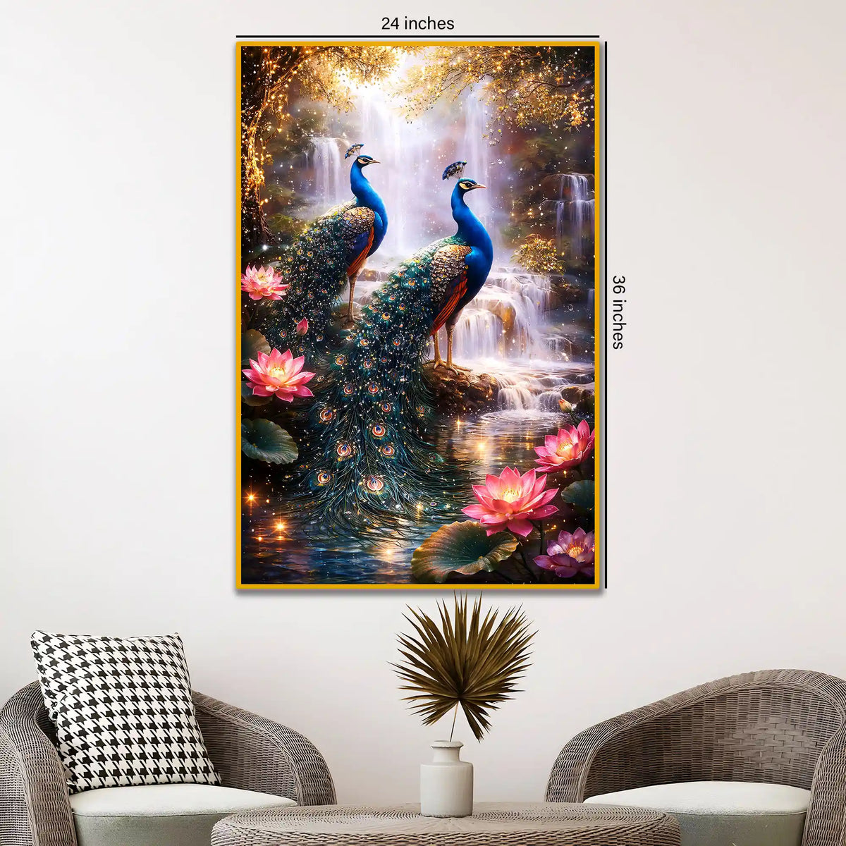 Divine Peacock Pair Floating Frame Crystal Wall Painting