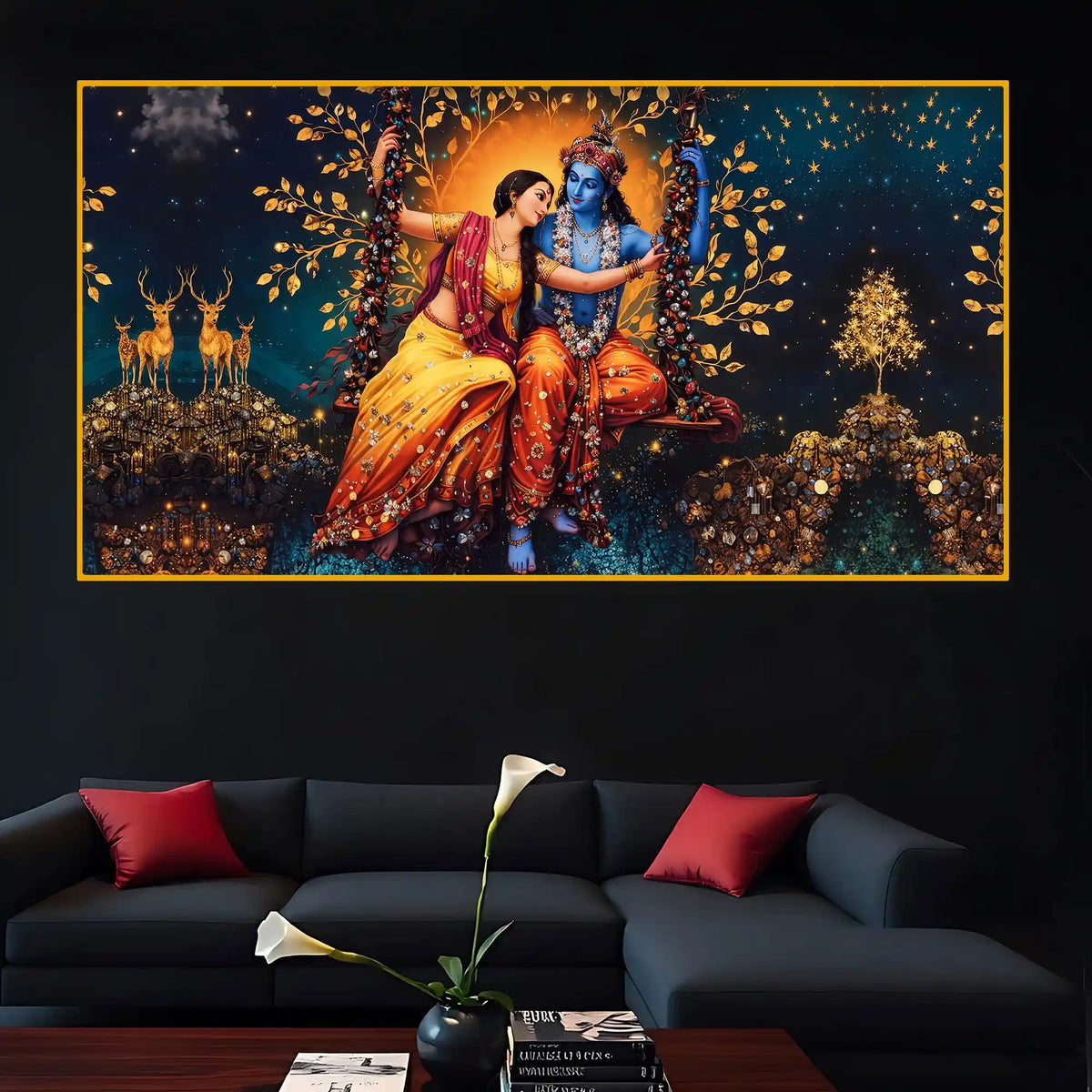 Divine Radha Krishna Jhula Wall Art Crystal Glass Painting