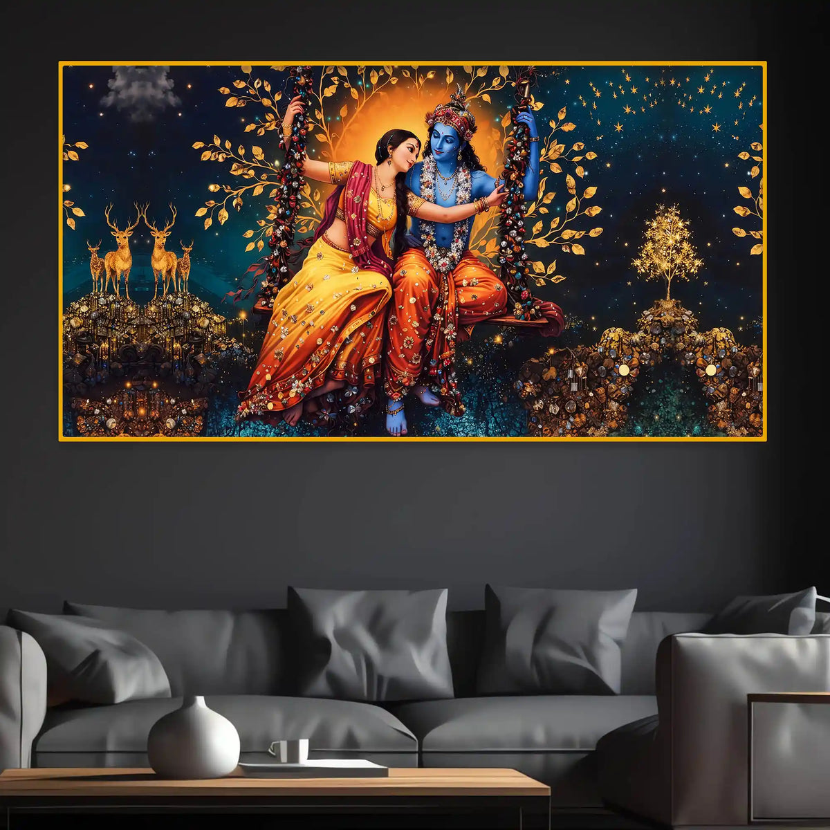 Divine Radha Krishna Jhula Wall Art Crystal Glass Painting