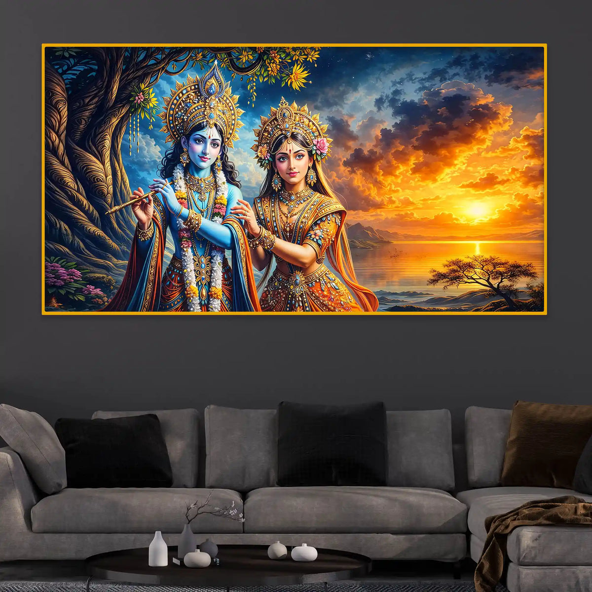 Divine Radha Krishna Wall Art Crystal Glass Painting for Luxury Decor