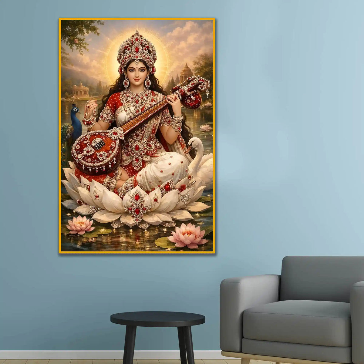 Divine Saraswati Mata Floating Frame Crystal Wall Painting