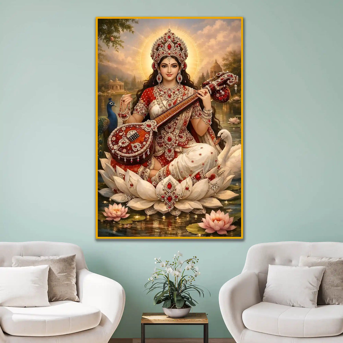 Divine Saraswati Mata Floating Frame Crystal Wall Painting