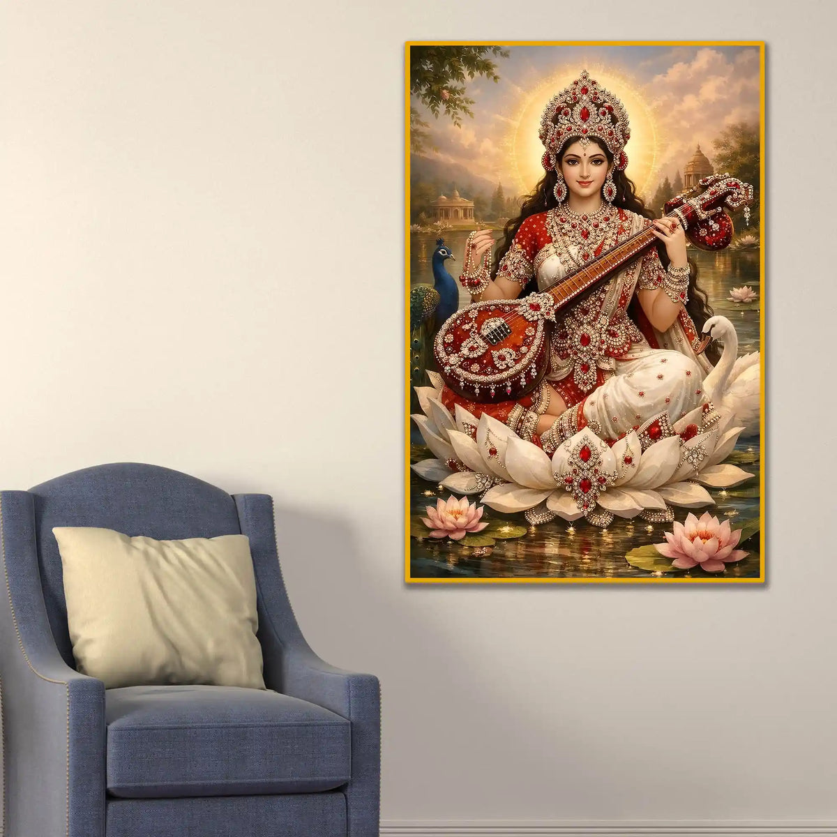 Divine Saraswati Mata Floating Frame Crystal Wall Painting