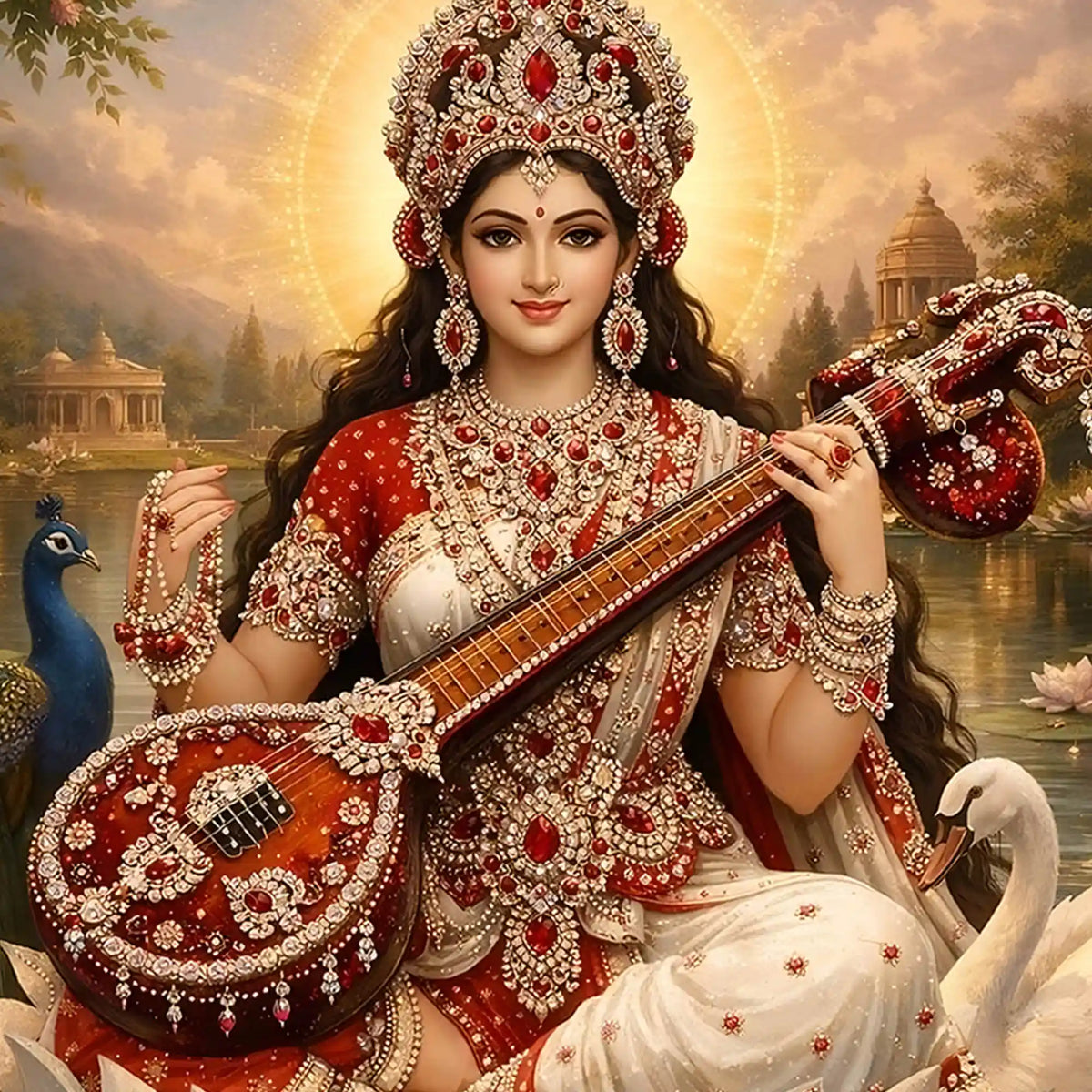 Divine Saraswati Mata Floating Frame Crystal Wall Painting