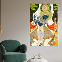 Divine Shreenathji Playing Flute Pichwai Style Canvas Wall Painting