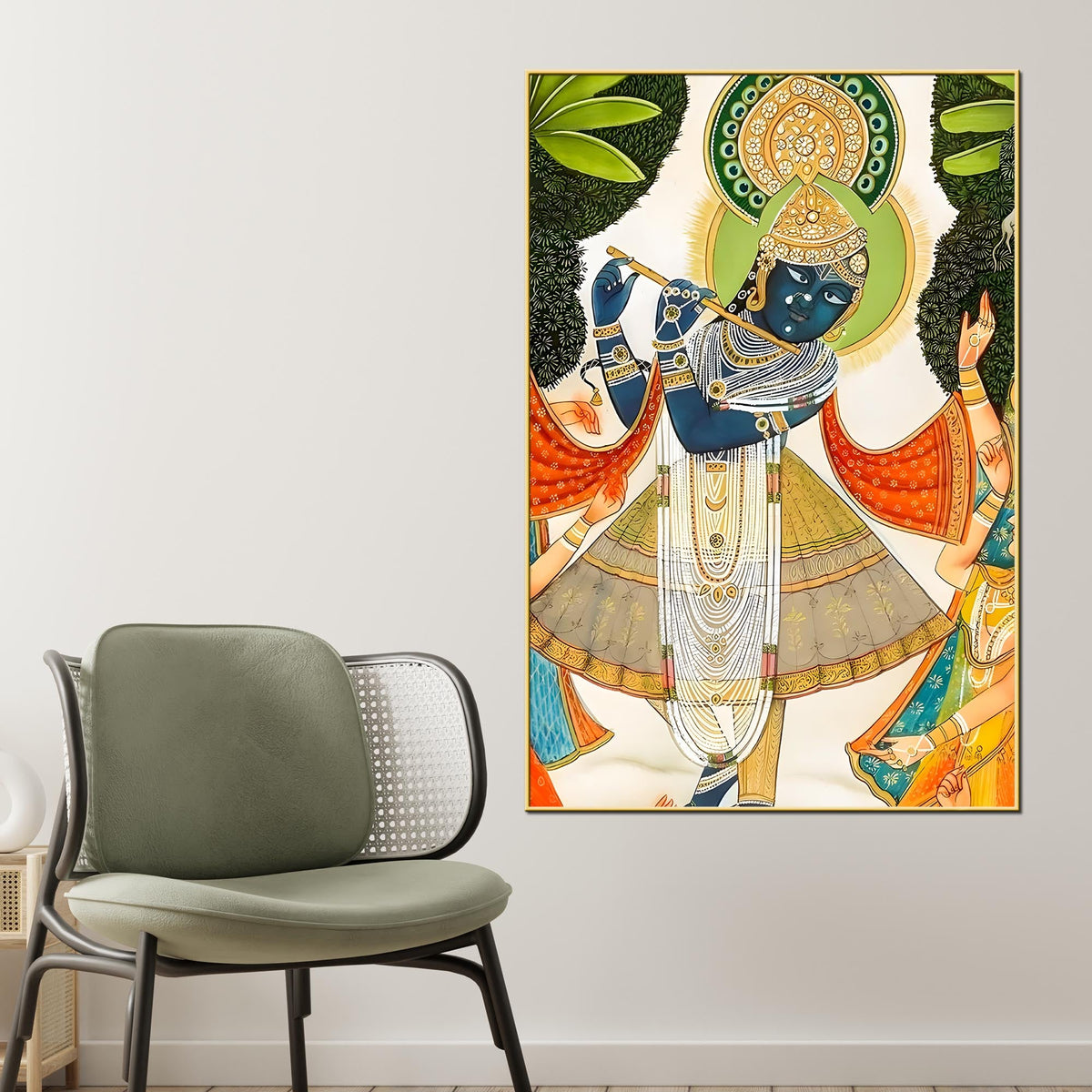 Divine Shreenathji Playing Flute Pichwai Style Canvas Wall Painting