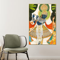 Divine Shreenathji Playing Flute Pichwai Style Canvas Wall Painting